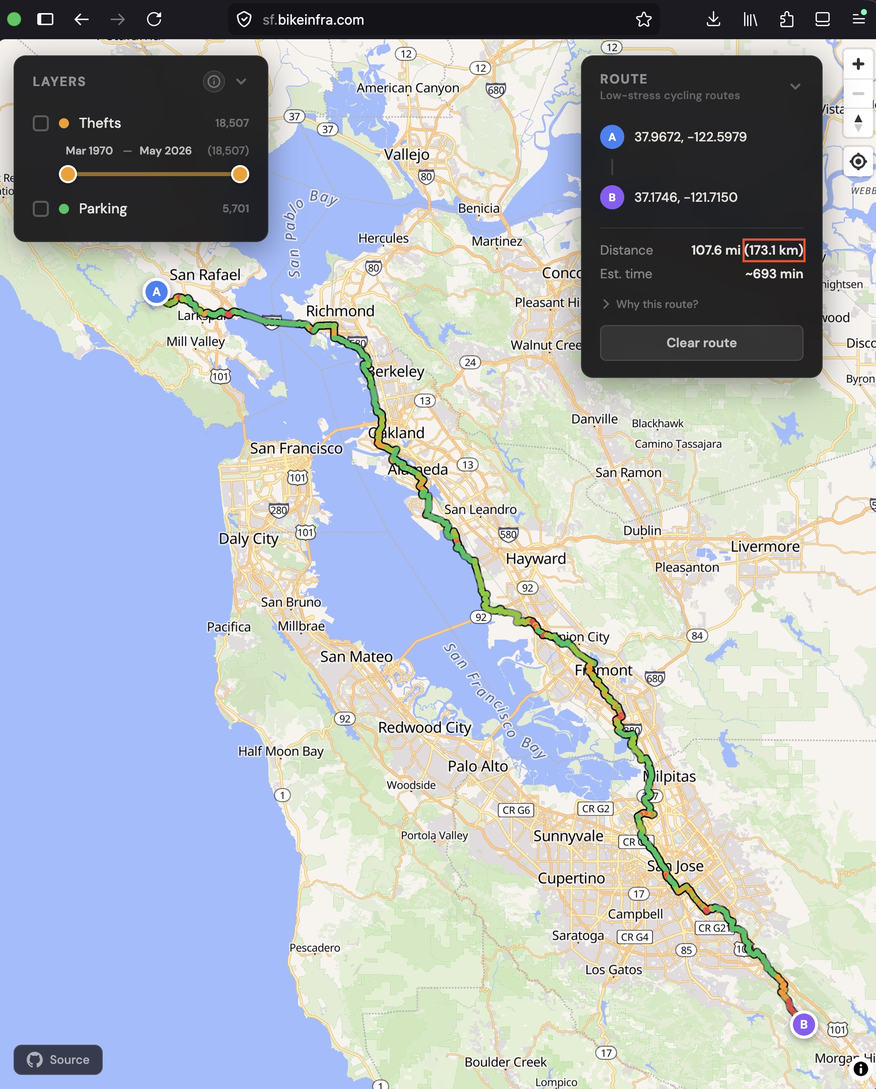 Screenshot of the bike router showing a single long route crossing most of the San Francisco Bay Area, drawn as a line on a street map.